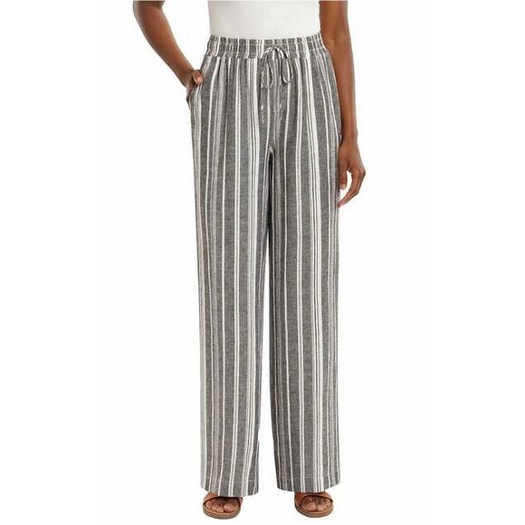 Briggs Linen Blend Beachy Pocket Pants Elastic Waist Pull On Gray Striped Small - Picture 1 of 7
